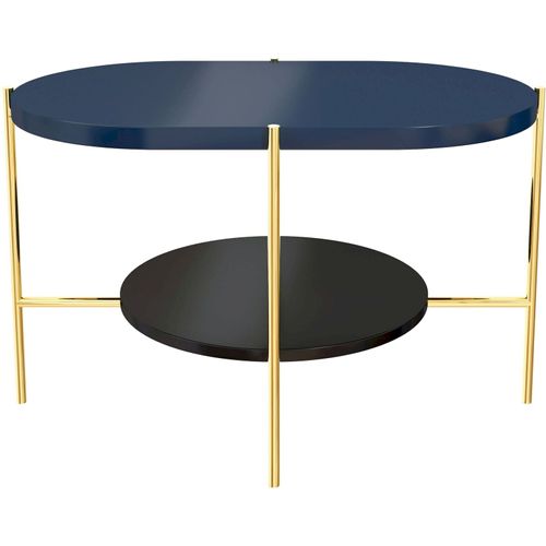 Table Basse Bois Bleu Marin, Base Noire Et Or 80x50x50cm