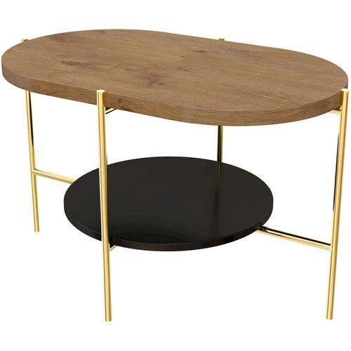 Table Basse Bois Chêne,socle Noir Et Or 80x50x50cm