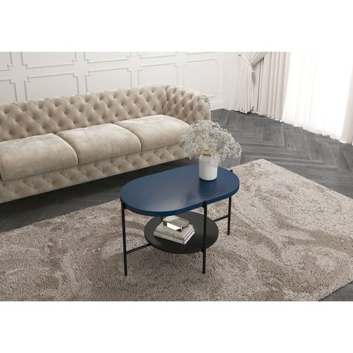 Table Basse Bois Bleu Marine, Base Noire 80x50x50cm