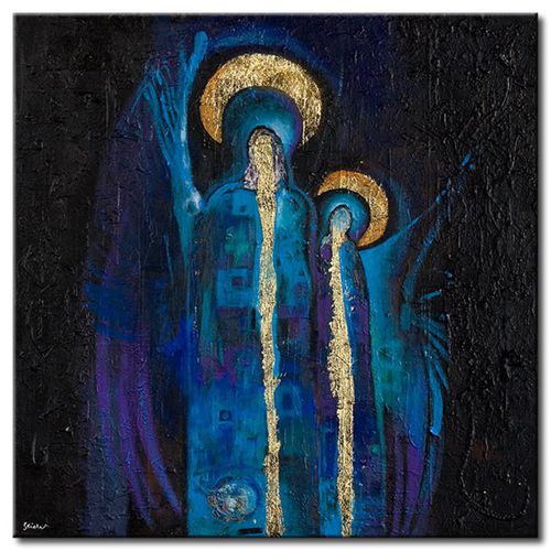 Tableau Deux Saints 70 X 70 Cm Bleu