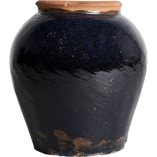 Jarre En Céramique Bleue Profonde Et Base Naturelle