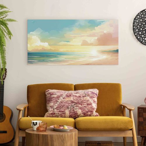 Affiche Illustrée De Plage Et Coucher De Soleil 60 X 30 Cm Beige