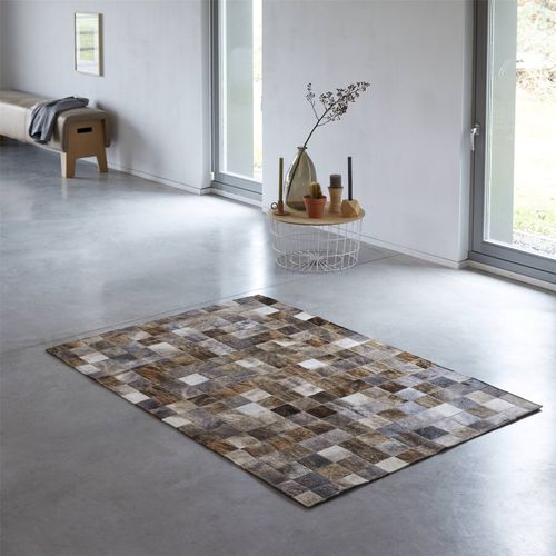 Tapis Patchwork En Cuir Brun, Beige Et Gris