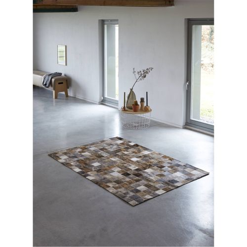 Tapis Patchwork En Cuir Brun, Beige Et Gris