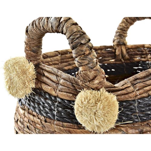 Panier Déco Fibre Marron Et Noir Avec Poignées Et Pompons