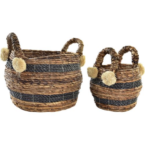 Panier Déco Fibre Marron Et Noir Avec Poignées Et Pompons