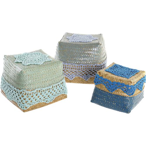 Panier Déco En Bambou Coton Bleu Turquoise Naturel Gris Clair