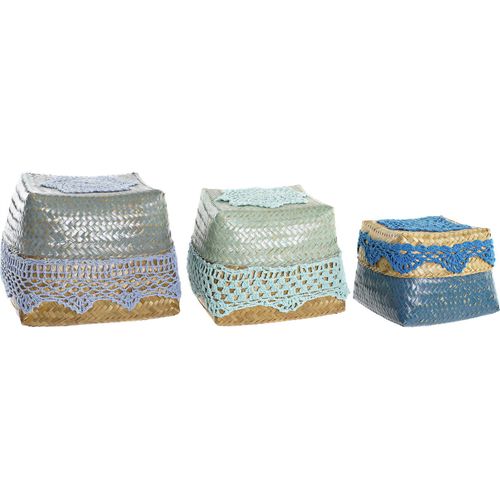 Panier Déco En Bambou Coton Bleu Turquoise Naturel Gris Clair