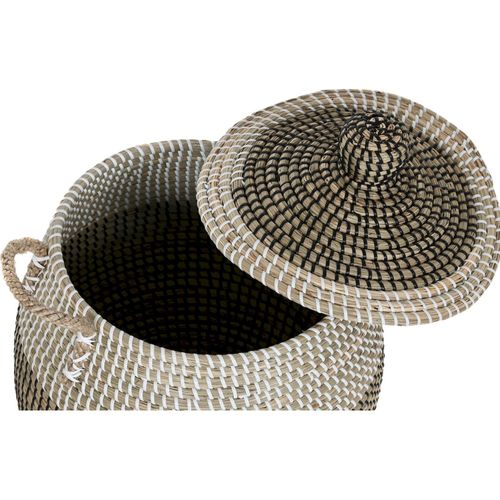 Panier Déco En Jonc De Mer Blanc Noir Naturel Avec Couvercle