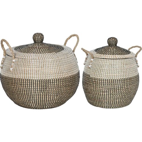 Panier Déco En Jonc De Mer Blanc Noir Naturel Avec Couvercle
