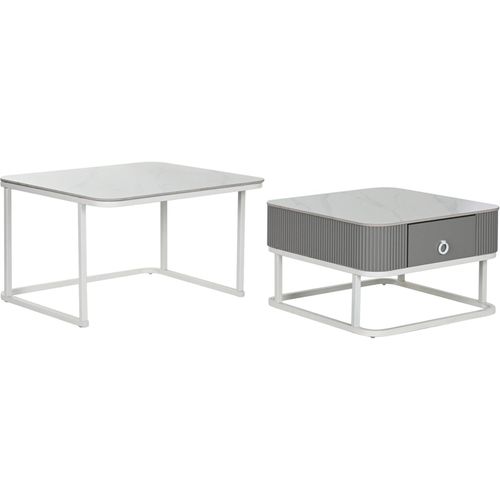 Table Basse Élégante En Métal Blanc Et Pierre Sinterisée