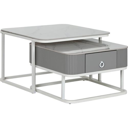 Table Basse Élégante En Métal Blanc Et Pierre Sinterisée