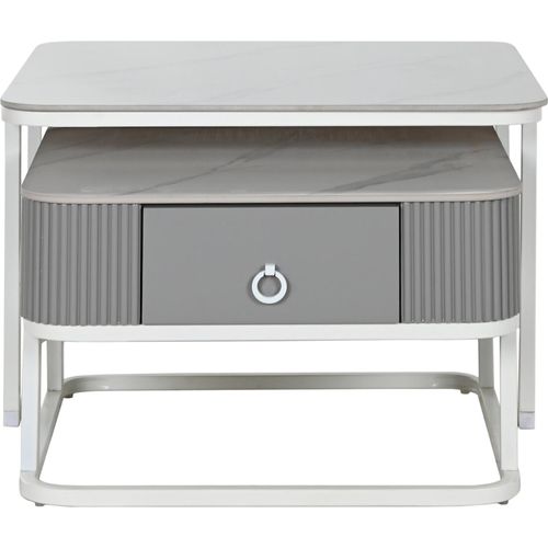 Table Basse Élégante En Métal Blanc Et Pierre Sinterisée