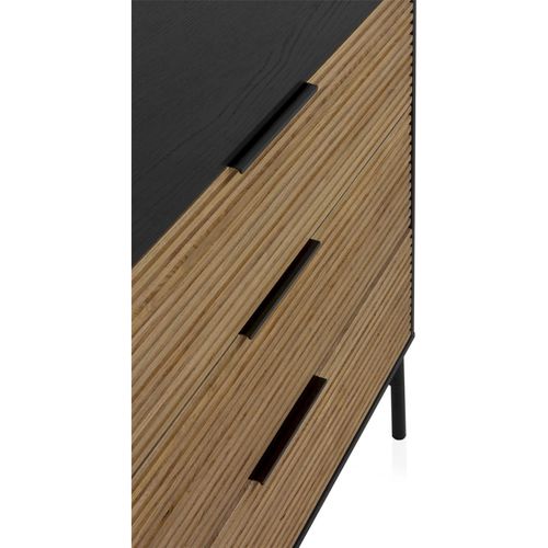 Buffet Bois Noir Et Naturel Portes Et Tiroirs Décor Lattes