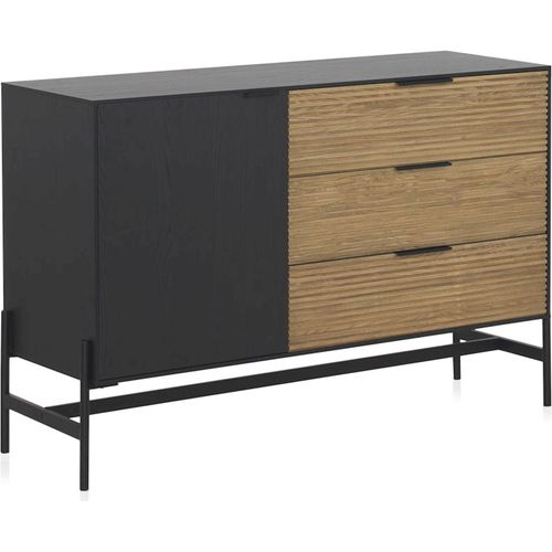 Buffet Bois Noir Et Naturel Portes Et Tiroirs Décor Lattes