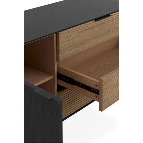 Buffet Bois Noir Et Naturel Portes Et Tiroirs Décor Lattes