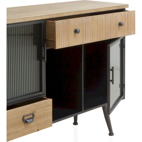 Buffet Métal Noir Et Bois Design Portes Verre Ondulé