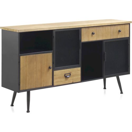 Buffet Métal Noir Et Bois Design Portes Verre Ondulé