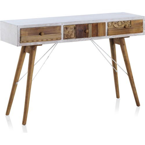 Console Blanche Bois Naturel Vieilli Et Tiroirs Sculptés