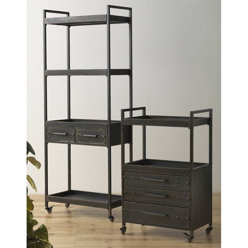 Étagère Industrielle Métal Noir 2 Tiroirs Sur Roulettes Facile à Déplacer