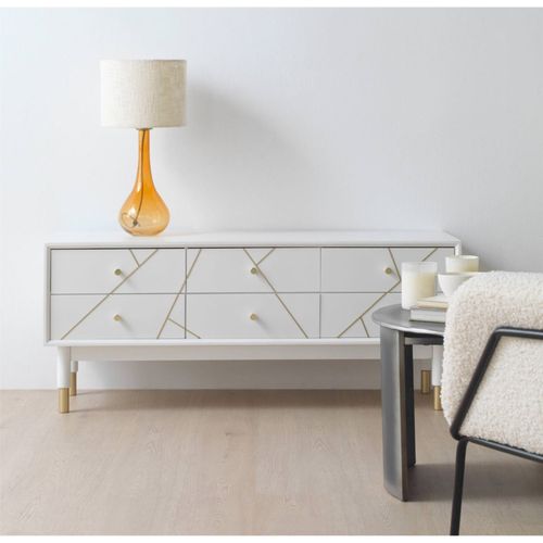 Meuble TV Blanc Laqué Design Doré 6 Tiroirs Élégant