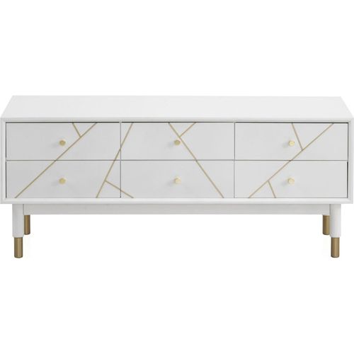 Meuble TV Blanc Laqué Design Doré 6 Tiroirs Élégant