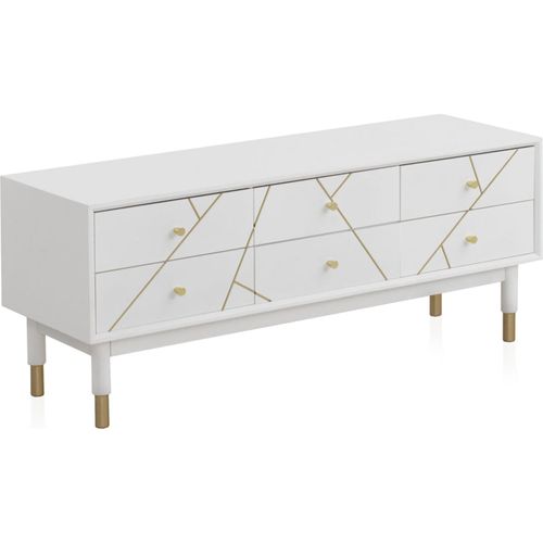 Meuble TV Blanc Laqué Design Doré 6 Tiroirs Élégant
