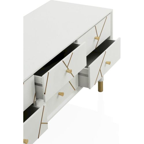 Meuble TV Blanc Laqué Design Doré 6 Tiroirs Élégant