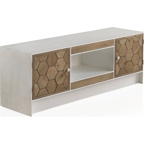 Meuble TV Bois Blanc Fresno Décor Hexagonal Rustique