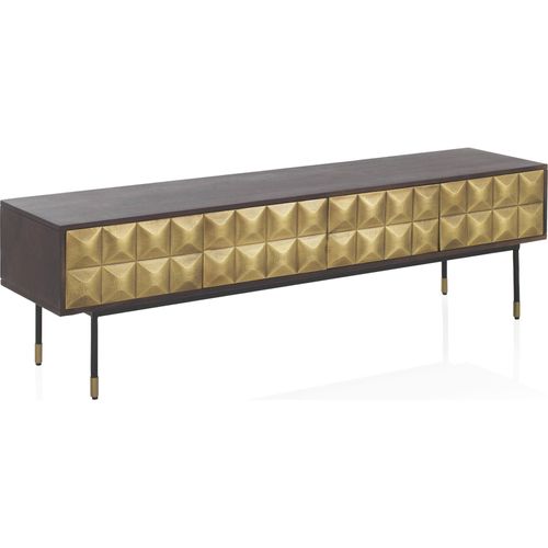 Meuble TV Bois De Manguier Et Laiton Doré Design Contemporain