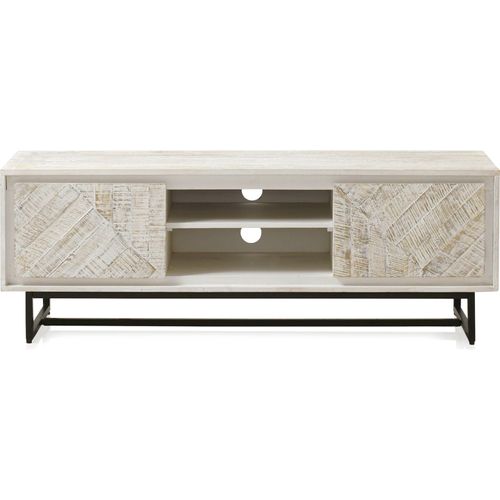 Meuble TV Bois De Manguier Blanc Patiné Pieds Métal Noir