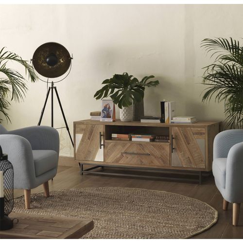 Meuble TV Bois Naturel Et Métal Style Contemporain Texturé