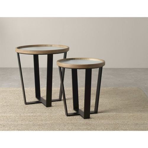 X2 Tables Basses Ronde En Bois Et Métal Avec Plateau En Verre Trempé