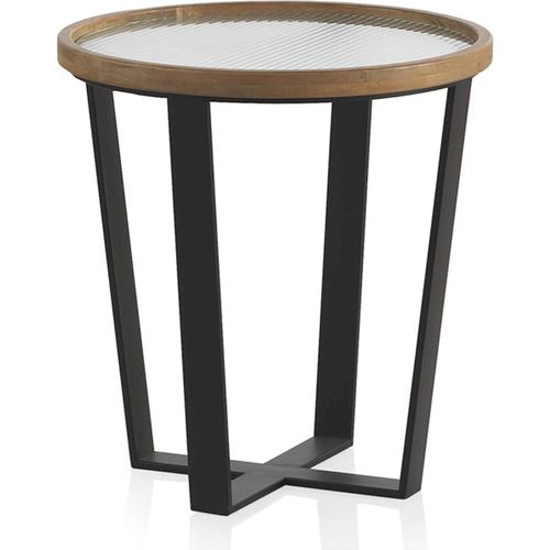 X2 Tables Basses Ronde En Bois Et Métal Avec Plateau En Verre Trempé