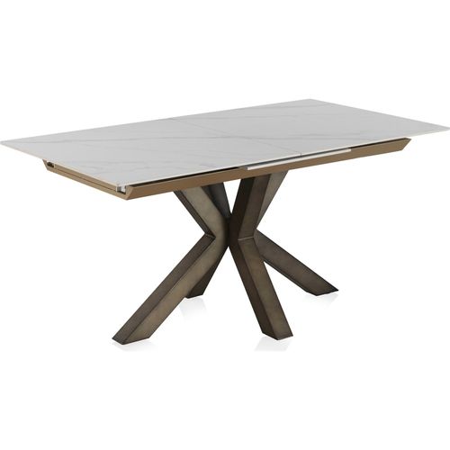 Table Extensible Blanche Céramique Effet Marbre Pieds Cuivre