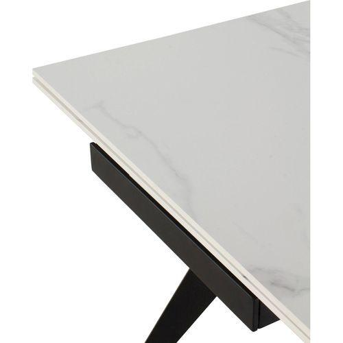 Table Extensible Blanche Céramique Imitation Marbre Pieds Métal Noir