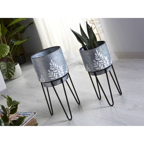 Cache Pot Métal Gris Design Branches Sur Pied Élégant