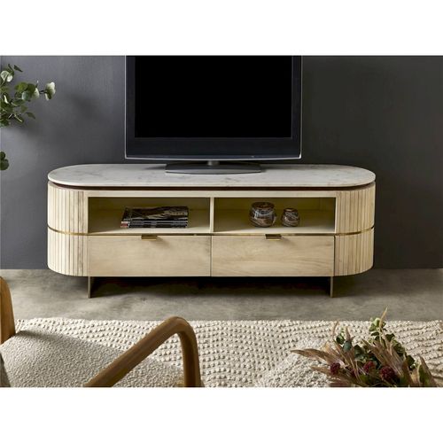 Meuble TV Design Arrondi En Bois De Manguier Et Marbre Naturel