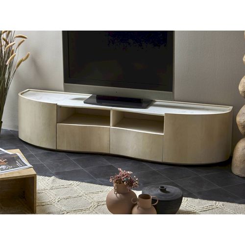 Meuble TV Design Arrondi En Bois De Manguier Et Marbre Naturel