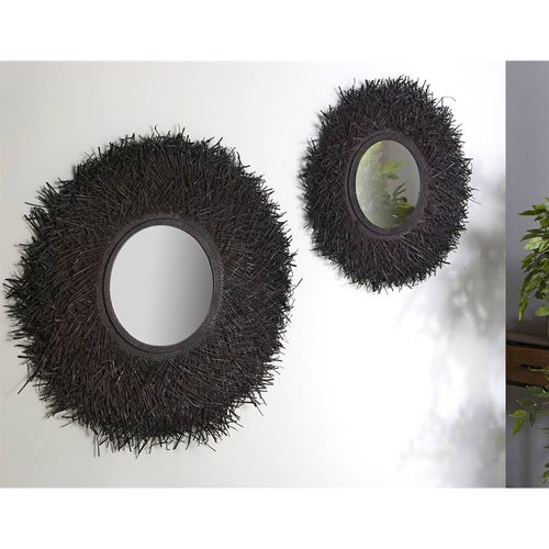 Miroir Mural Décoratif Noir En Fibre De Pandan Élégant