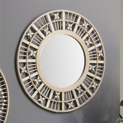 Miroir Mural Bois Blanc Décapé Style Bohème Avec Motifs Sculptés