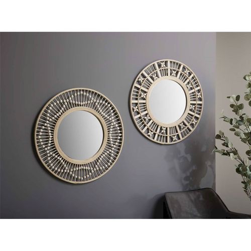Miroir Mural Bois Blanc Décapé Style Bohème Avec Motifs Sculptés