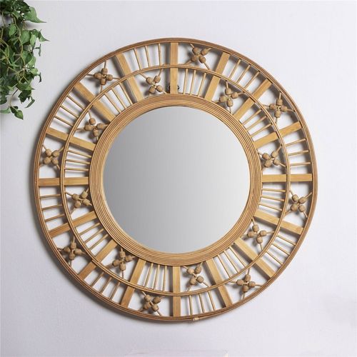 Miroir Décoratif Mural Bois Naturel Motifs Symboliques