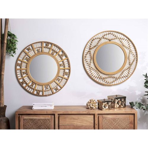 Miroir Décoratif Mural Bois Naturel Motifs Symboliques