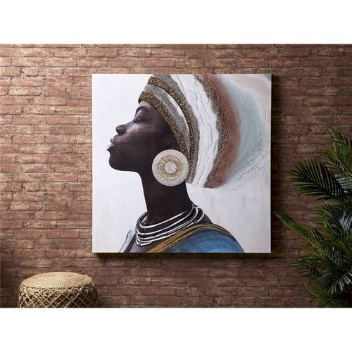 Portrait Mural Femme Africaine Au Turban Bleu Et Doré Élégant
