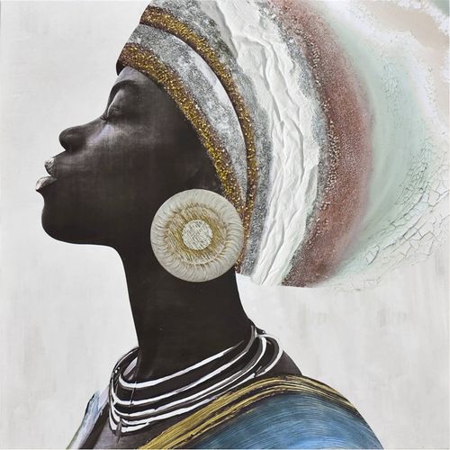 Portrait Mural Femme Africaine Au Turban Bleu Et Doré Élégant