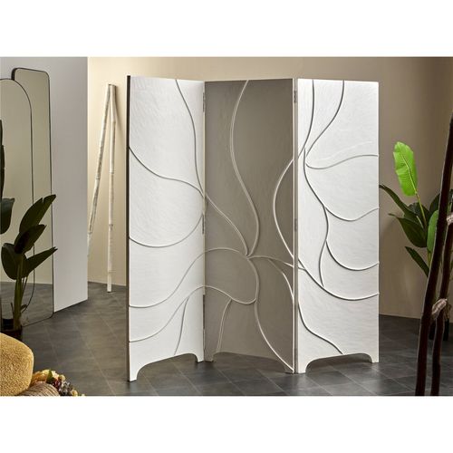 Paravent 180 x 4 x 182 Cm à Motifs Ondulés Relief Élégant - Blanc