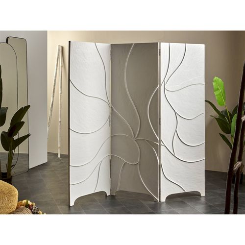 Paravent 180 x 4 x 182 Cm à Motifs Ondulés Relief Élégant - Blanc
