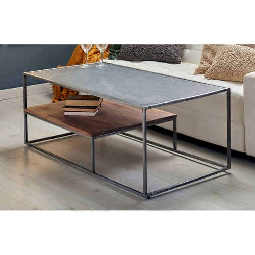 Table Basse Design Bois Acacia Métal Et Pierre Naturelle