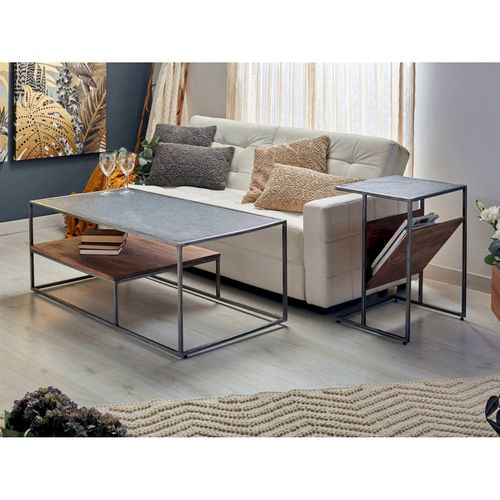 Table Basse Design Bois Acacia Métal Et Pierre Naturelle